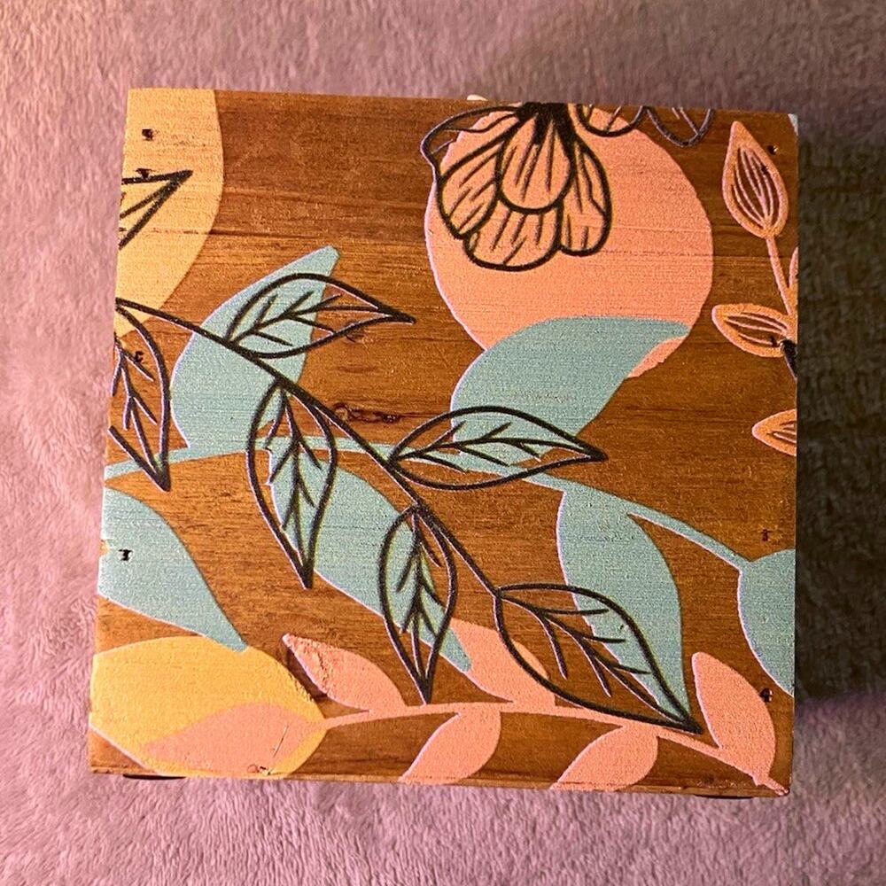 Square Wooden Floral Flower Pattern Trinket Box with Lid, Brown/Multicolor